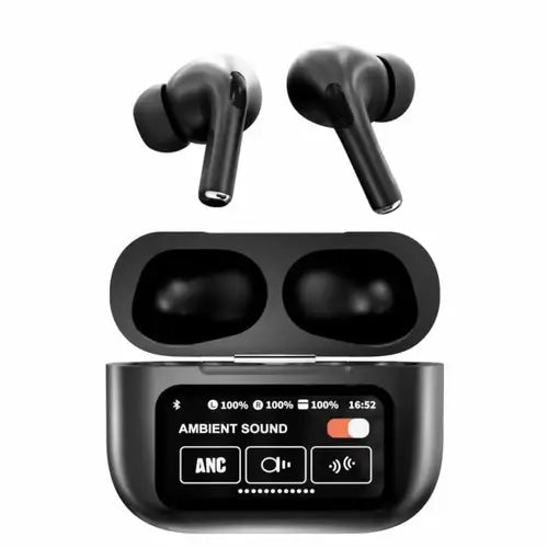 A9 Pro ANC Earbuds – Sleek Matte Black Design with LED Display, Built-In Screen & Clear Sound Quality