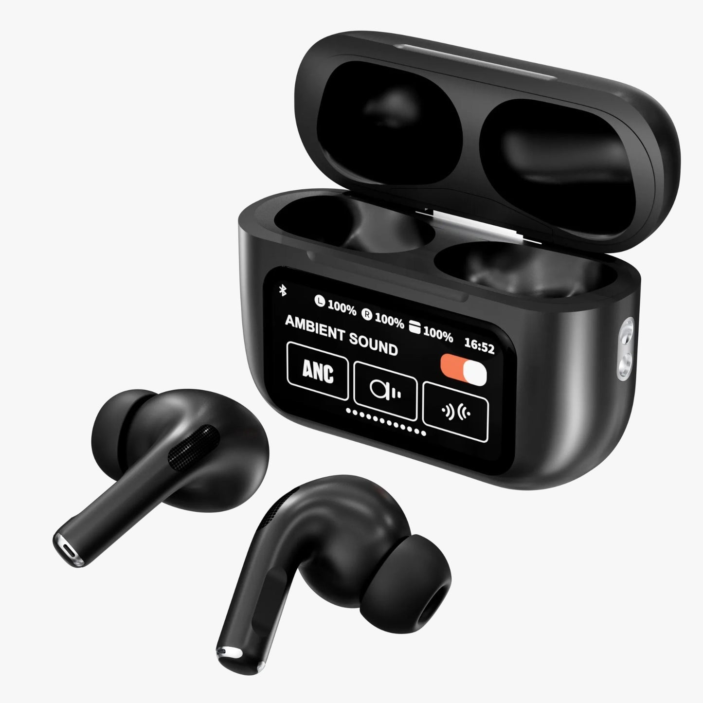 A9 Pro ANC Earbuds – Sleek Matte Black Design with LED Display, Built-In Screen & Clear Sound Quality