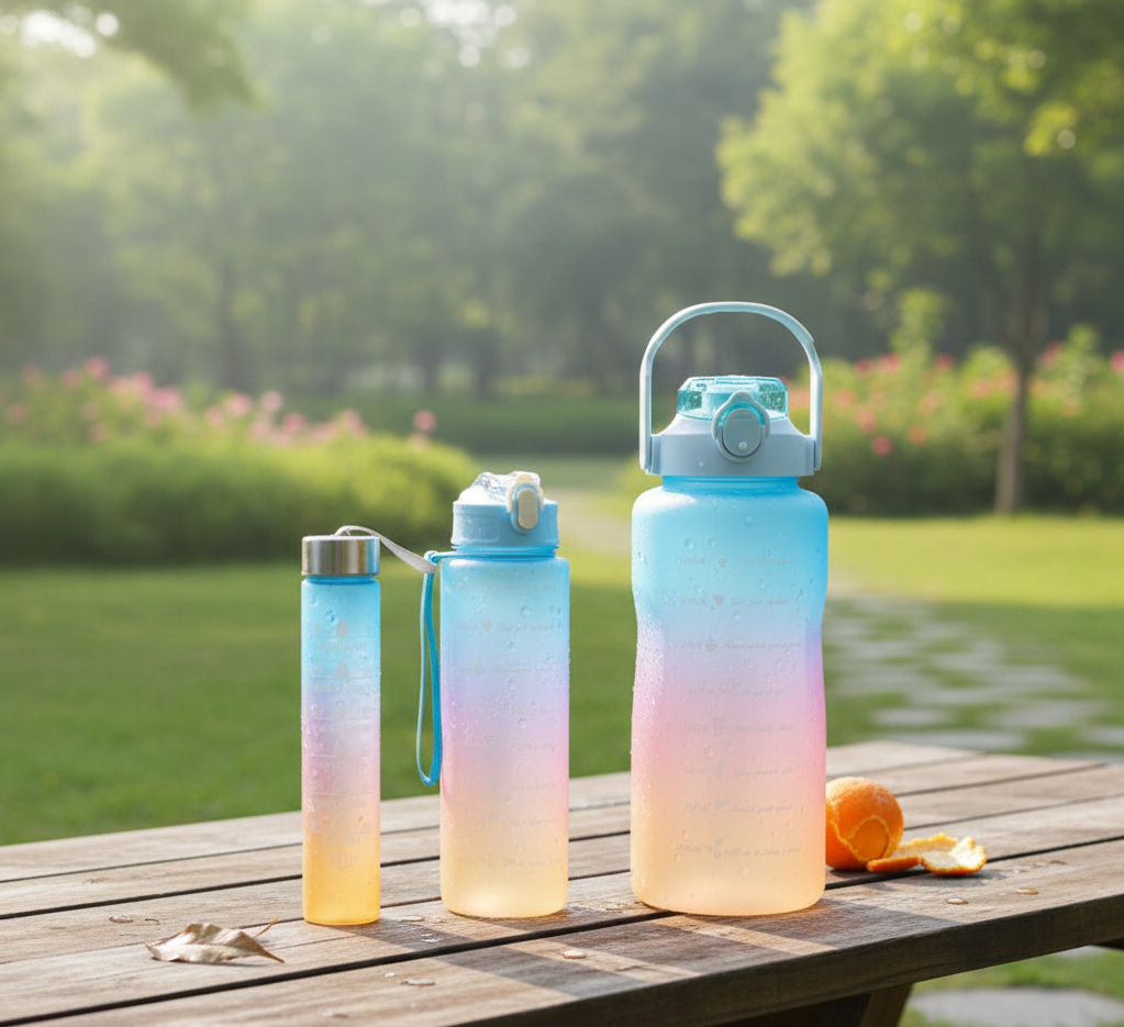 premium 3-Piece Motivational Water Bottle Set with Time Markers & Straw – Leak-Proof, BPA-Free Frosted Gradient Ombre Jugs (2L, 900ml, and 300ml) for Fitness, Gym, and Outdoor Sports