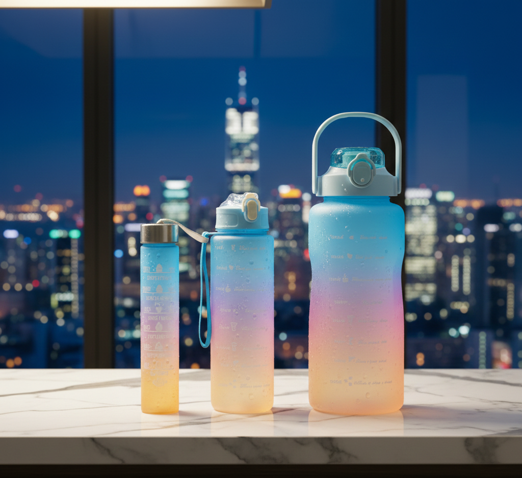 premium 3-Piece Motivational Water Bottle Set with Time Markers & Straw – Leak-Proof, BPA-Free Frosted Gradient Ombre Jugs (2L, 900ml, and 300ml) for Fitness, Gym, and Outdoor Sports