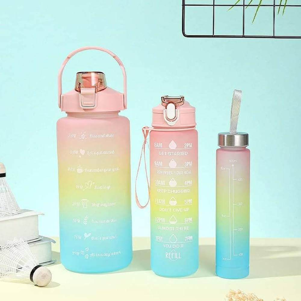 premium 3-Piece Motivational Water Bottle Set with Time Markers & Straw – Leak-Proof, BPA-Free Frosted Gradient Ombre Jugs (2L, 900ml, and 300ml) for Fitness, Gym, and Outdoor Sports