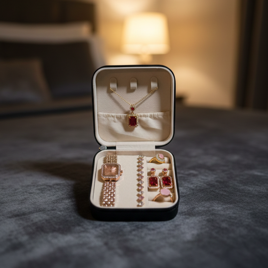 Premium Elegant 6-Piece Rose Gold & Ruby Red Jewelry Gift Set – Includes Crystal-Encrusted Watch, Pendant Necklace, Matching Earrings, Tennis Bracelet, and Dual Statement Rings with Luxury Travel Case