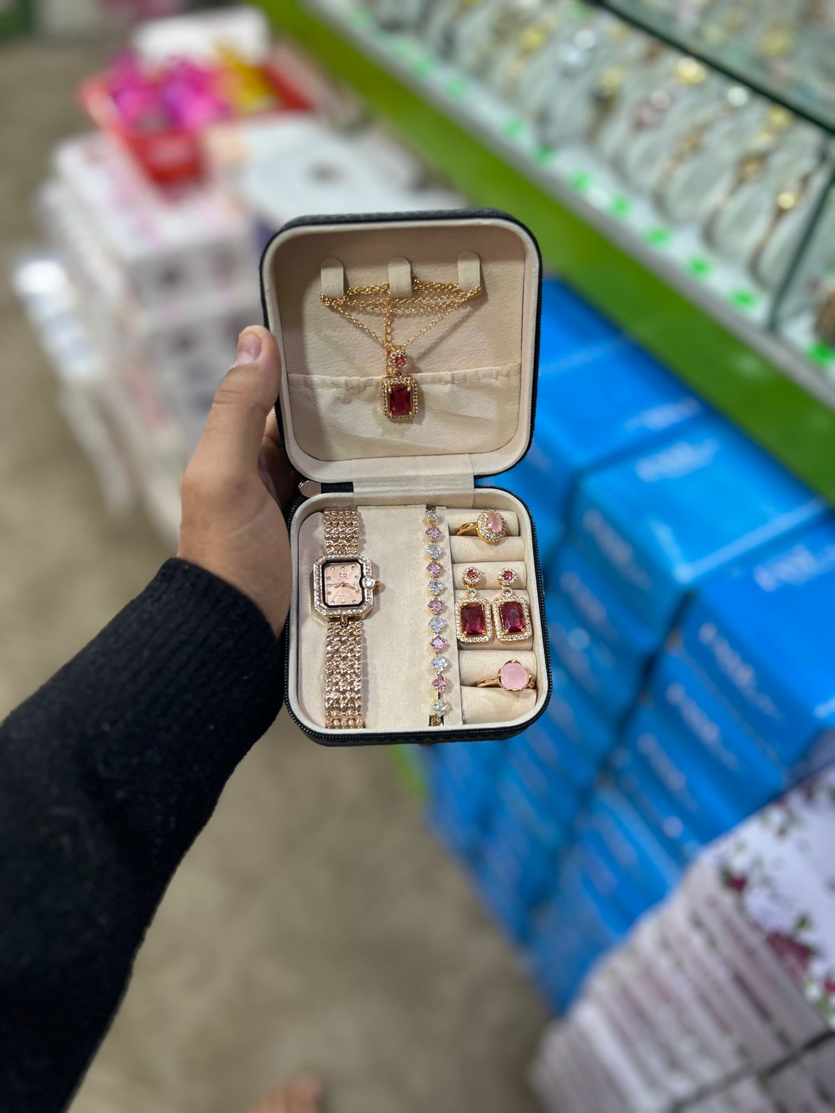 Premium Elegant 6-Piece Rose Gold & Ruby Red Jewelry Gift Set – Includes Crystal-Encrusted Watch, Pendant Necklace, Matching Earrings, Tennis Bracelet, and Dual Statement Rings with Luxury Travel Case