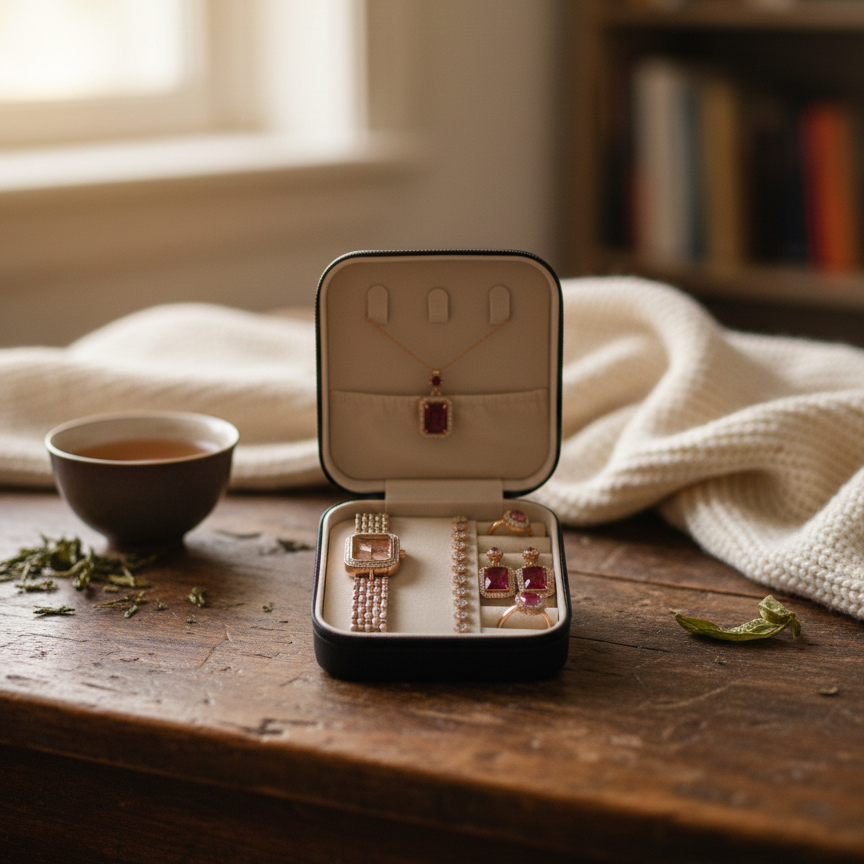 Premium Elegant 6-Piece Rose Gold & Ruby Red Jewelry Gift Set – Includes Crystal-Encrusted Watch, Pendant Necklace, Matching Earrings, Tennis Bracelet, and Dual Statement Rings with Luxury Travel Case