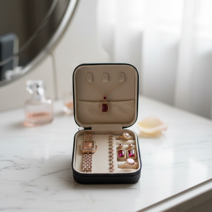 Premium Elegant 6-Piece Rose Gold & Ruby Red Jewelry Gift Set – Includes Crystal-Encrusted Watch, Pendant Necklace, Matching Earrings, Tennis Bracelet, and Dual Statement Rings with Luxury Travel Case
